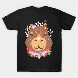 Cute Brown Kawaii Capybara's Face with Flowers T-Shirt